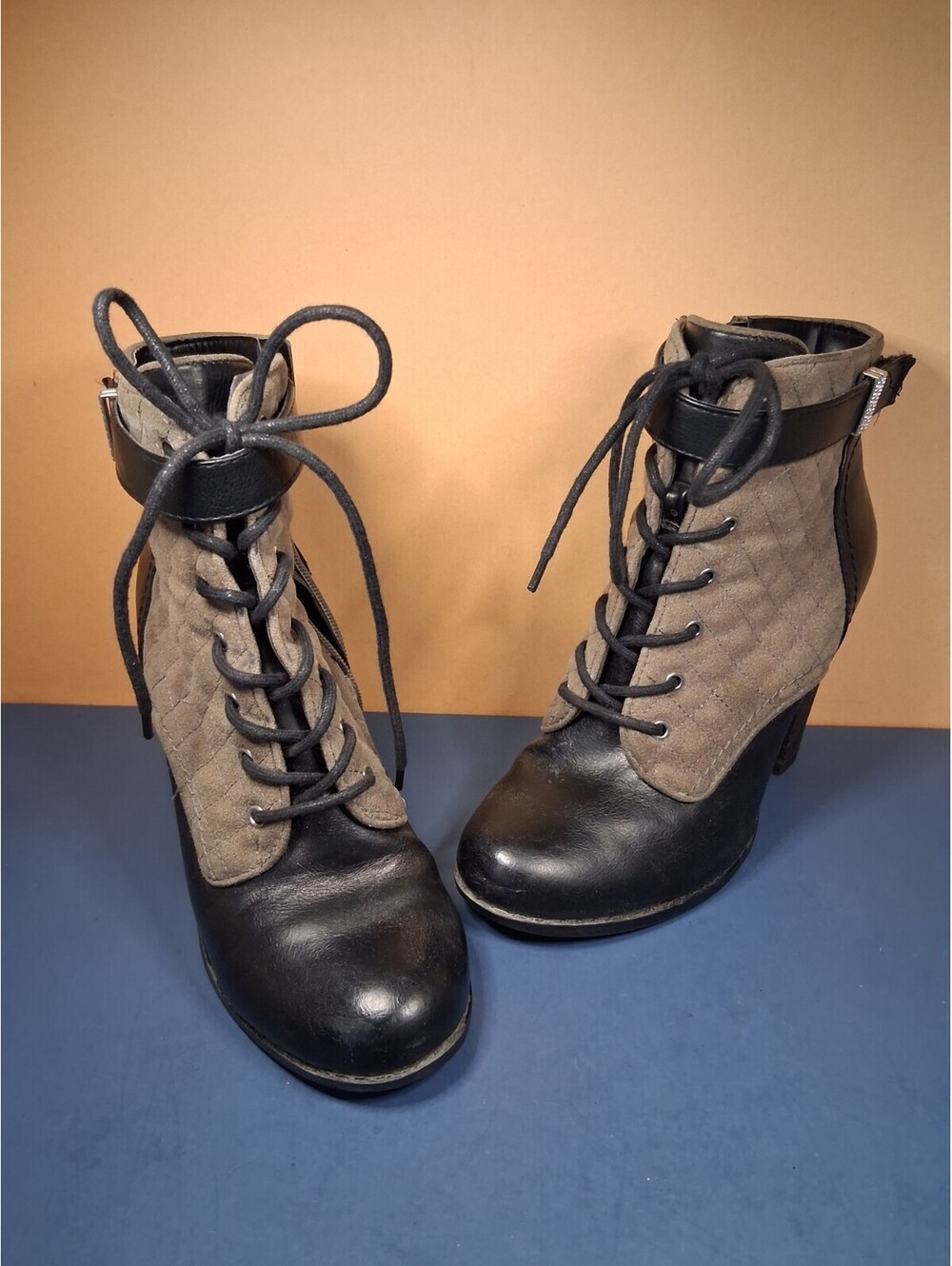 Call It Spring "Acirari" Size 8 Quilted Black Taupe Lace-Up Ankle Booties
